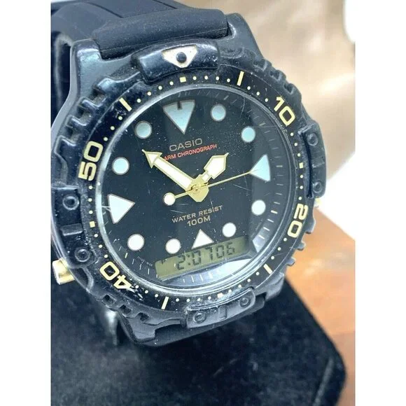 Casio Men's Watch AQ-110 Quartz Analog Digital Alarm 44mm 740 Black Rubber USED - Picture 13 of 14